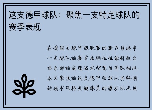 这支德甲球队：聚焦一支特定球队的赛季表现