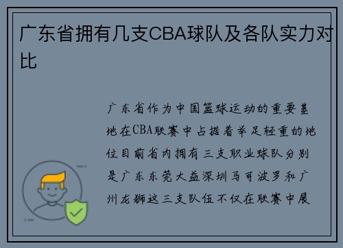 广东省拥有几支CBA球队及各队实力对比